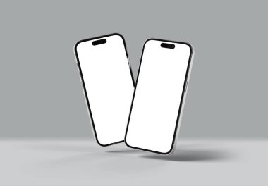 PARIS - Fransa - 20 Mart 2025 Apple akıllı telefonu, maksimum 16 profesyonel gümüş rengi. Gri renkte yüzen iki cep telefonu modeli. 3d oluşturma