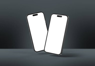 PARIS - Fransa - 20 Mart 2025 Apple akıllı telefonu, maksimum 16 profesyonel siyah renk. Gri renkte yüzen iki cep telefonu modeli. 3d oluşturma