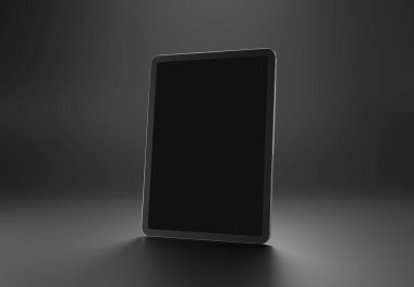 PARIS - Fransa - 20 Mart 2025: Apple tableti, Ipad pro. Yumuşak gölgeli siyah yüzey üzerine modern tablet. 3d oluşturma