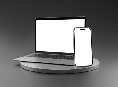 PARIS - Fransa - 20 Mart 2025: Apple Macbook Air ve Iphone 16. 3D dizüstü bilgisayar ve cep telefonu modellemesi gümüş ekranda