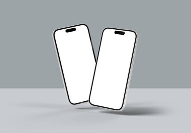 PARIS - Fransa - 20 Mart 2025 Apple akıllı telefonu, maksimum beyazlı 16 profesyonel telefon. Gri renkte yüzen iki cep telefonu modeli. 3d oluşturma