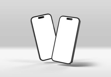 PARIS - Fransa - 20 Mart 2025 Apple akıllı telefonu, maksimum 16 profesyonel siyah renk. Beyaz üzerinde yüzen iki cep telefonu modeli. 3d oluşturma