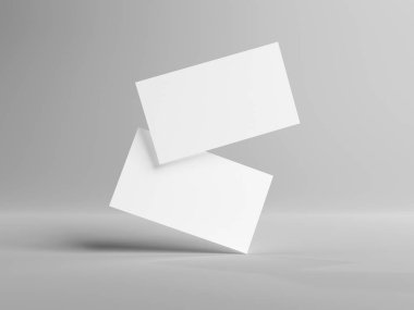 Beyaz Mockup 'ta yüzen iki kartvizit. Boş Amerikan kartviziti. 3B görüntüleme