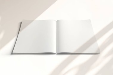 İzole edilmiş beyaz arka planda yumuşak gölgeli açık dergi Mockup. 3B görüntüleme
