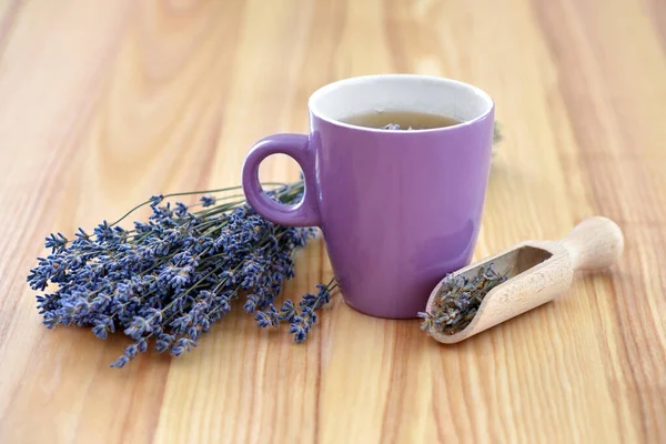 Cup Tea Lavender Flowers Wooden Table — Stock Photo, Image