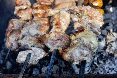 Yaz barbeküsünde nefis ızgara Shashliks. Kömür ızgarasında şiş üstünde kızarmış et pişirmek, yaz pikniği.