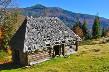 Güzel manzara ile Karpatlar dağlarda eski ahşap kulübe. Sonbahar güneşli gün.