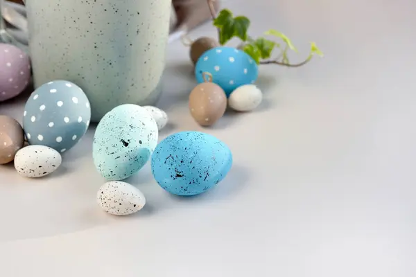 Easter Eggs White Table Space Text Can Used Greeting Card — Stock Photo, Image