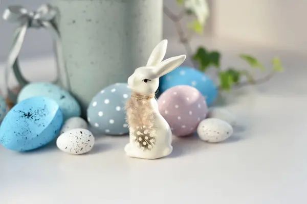 Easter Composition White Rabbit Eggs Sunlight White Background Minimal Concept — Stock Photo, Image