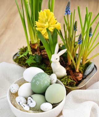 Beyaz bir kâse içinde şık paskalya yumurtaları, porselen bir tavşan ve kapta bahar çiçekleri. Mutlu Paskalyalar.