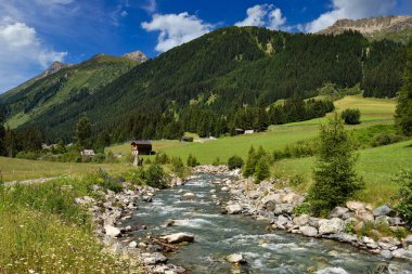 Yazlık dağ manzarası, deresi ve bulutlu mavi gökyüzü. Konum Alpleri, Avrupa.