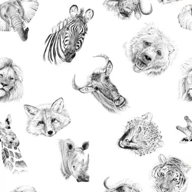 Seamless pattern of hand drawn sketch african and wildlife animal portraits. Illustration isolated on white background