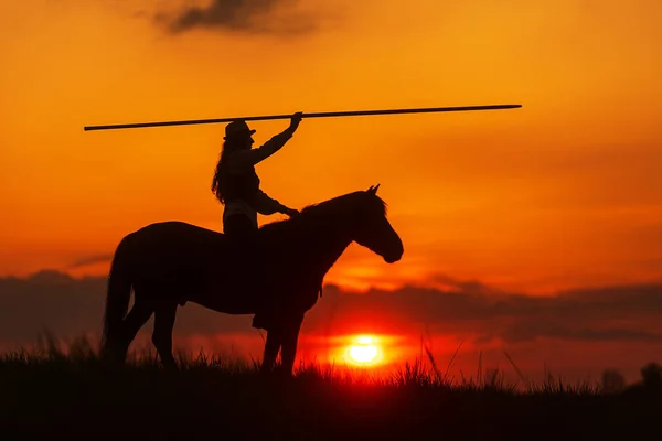 Silhouette Eines Reiters Auf Einem Pferd Mit Speer — Stockfoto