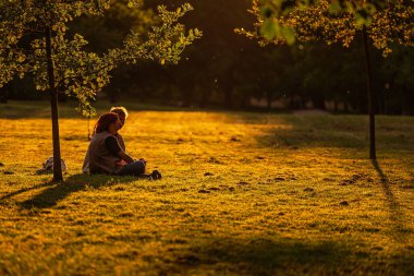 PRAGUE CZECH REPUBLIC - 2 Ağustos 2023: parkta çimlerin üzerinde oturan bir çift