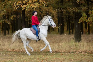 Genç bir kadın ve beyaz bir at ormanda dört nala koşuyor.