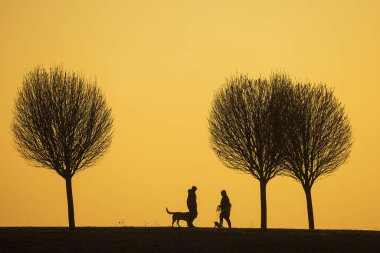 Batan güneşin renkli arka planına karşı köpekli iki kişinin siyah siluetleri