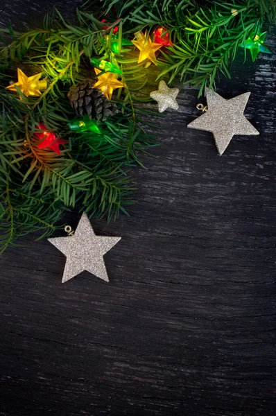 Christmas Background Garland Stars Wooden Background Christmas Decorations Top View — Stock Photo, Image