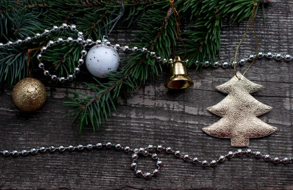 Christmas Card Gold Fir Gold Ball Fir Branches Golden Bell — Stock Photo, Image