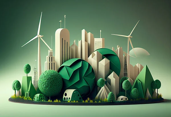 Illusztráció Zöld Energiaforrások Modern Városi Világban — Stock Fotó