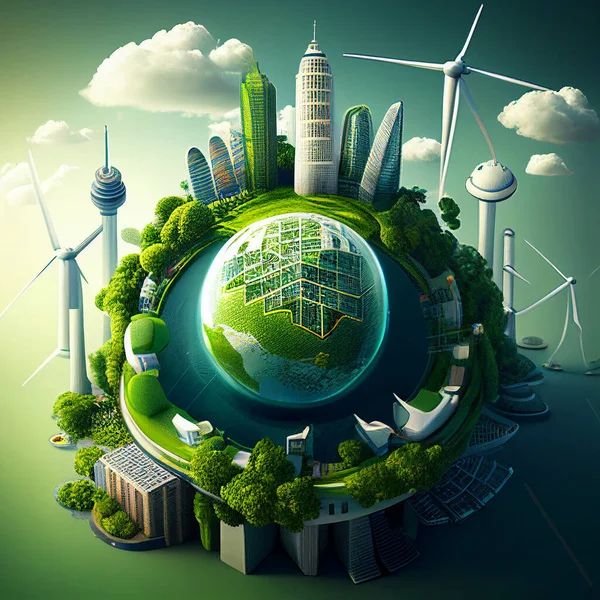 Illusztráció Zöld Energiaforrások Modern Városi Világban Jogdíjmentes Stock Képek