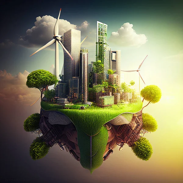Ілюстрація Зелених Джерел Енергії Сучасному Міському Світі Стокове Зображення