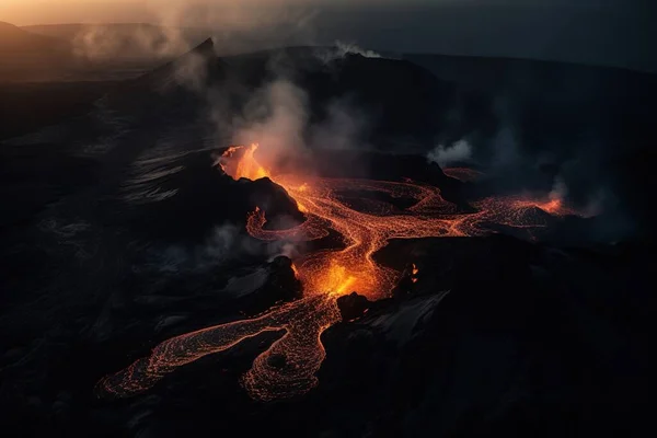 从喷发的火山喷出的熔岩流 — 图库照片