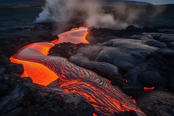 River Lava Erupting Volcano Stock Photo