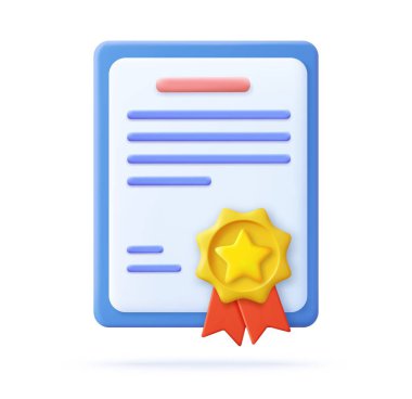 3D Başarı, Ödül, Burs, Diploma Konsepti. Damgalı ve kurdeleli sertifika simgesi. 3D görüntüleme. Vektör illüstrasyonu