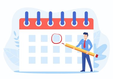 Takvim Planlamada Erkek Çemberi Önemli Madde. Zaman Yönetimi ve teslim tarihi konsepti, Çalışma Örgütü ve Yaşam Etkinlikleri Bildirimi, Hafıza Hatırlatma. Düz biçimli vektör illüstrasyonu