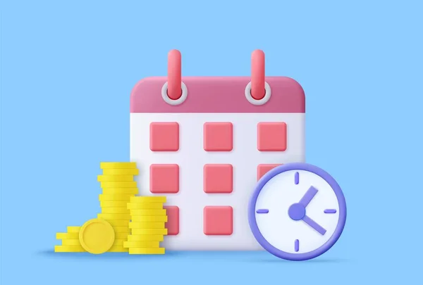 时间是货币的概念 货币的时间价值 支付期限 计时器或时钟 有大量的贷款或信贷现金和日历日期 3D渲染 矢量说明 — 图库矢量图片