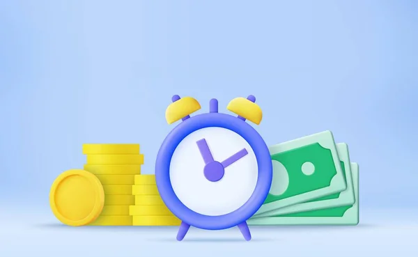 时间就是金钱 商业和金融的概念 快速支付 时钟和现金 快速贷款 容易的信贷 节省时间 时间和资金 快钱3D渲染 矢量说明 — 图库矢量图片