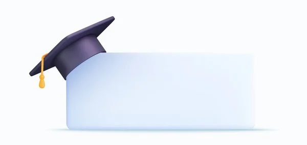 3D卒業キャップアイコン 高校の大学の完了 カレッジキャップ モルタルボード ホワイトペーパーバナーと3D学位授与式の帽子 3Dレンダリング ベクターイラスト — ストックベクタ