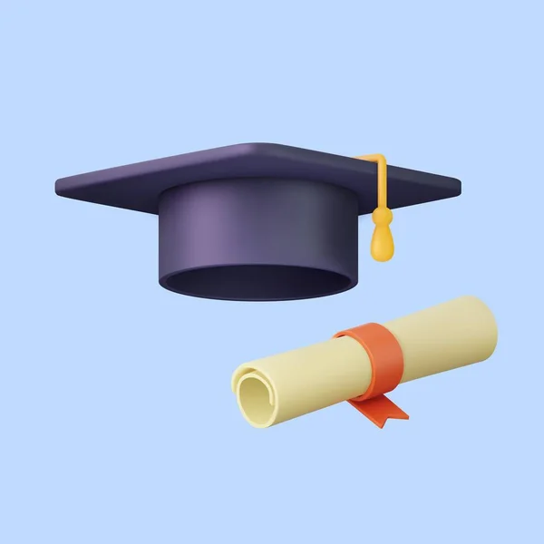 Sombrero Graduación Dibujos Animados Diploma Renderizado Estudiante Universitario Tapa Mortero — Vector de stock