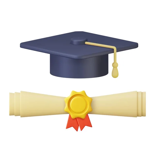 Graduation Hat Diploma Cartoon Rendering University Student Cap Mortarboard Diploma — Stock Vector