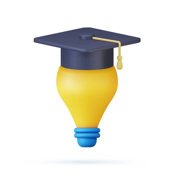 观念和教育观念是灯泡的象征 三维渲染黄色灯泡的毕业帽 矢量说明 — 图库矢量图片