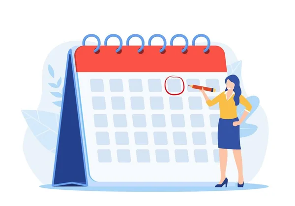 Kobieta Koło Data Kalendarz Planowanie Ważna Sprawa Zarządzanie Czasem Koncepcja — Wektor stockowy