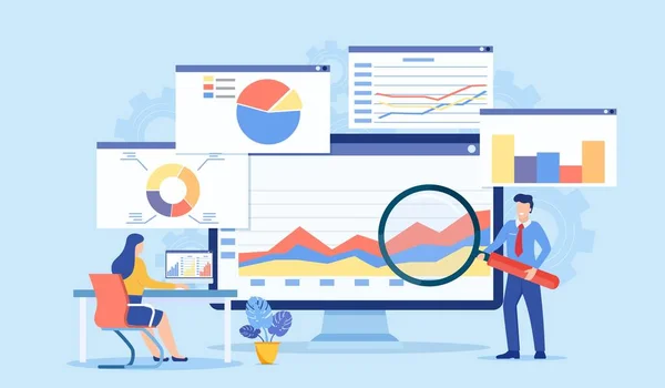 Data Analytics Dashboard Business Finance Report Podnikatelé Kteří Pracují Pro — Stockový vektor