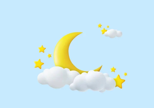 Luna Creciente Estrellas Doradas Nubes Blancas Aisladas Sobre Fondo Azul — Vector de stock
