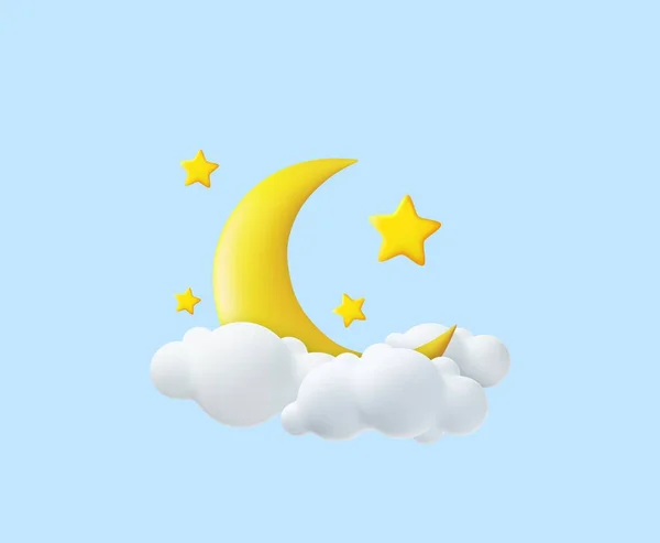 Crescent Maan Gouden Sterren Witte Wolken Geïsoleerd Blauwe Achtergrond Droom — Stockvector