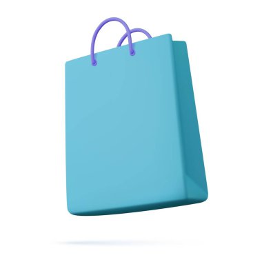 3D alışveriş çantası, el çantası. Satış, indirim, promosyon, online alışveriş konsepti. Banner şablonu. 3D görüntüleme. Vektör illüstrasyonu