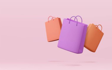 3D alışveriş çantası, el çantası. Çevrimiçi alışveriş afişi. Satış, indirim, promosyon, online alışveriş konsepti. Banner şablonu. 3D görüntüleme. Vektör illüstrasyonu