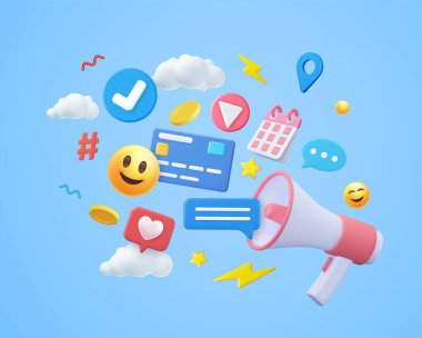 Üç boyutlu dijital pazarlama. Sosyal medya pazarlama, tanıtım ve internet reklamcılığı konsepti. 3D görüntüleme. Vektör illüstrasyonu