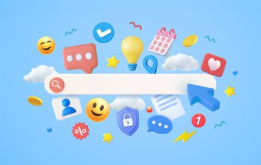 3D online alışveriş ve e-ticaret konsepti. Mavi arkaplanda yüzen elementlerle çevrili arama çubuğu. 3D görüntüleme. Vektör illüstrasyonu