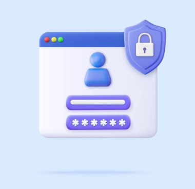 3d kullanıcı giriş formu sayfası. Hesap konseptini imzalayın. Kullanıcı adı, şifre alanları, kalkan. Güvenlik doğrulama mobil uygulaması. Çizgi film tarzı minimum tasarım. 3D görüntüleme. Vektör illüstrasyonu