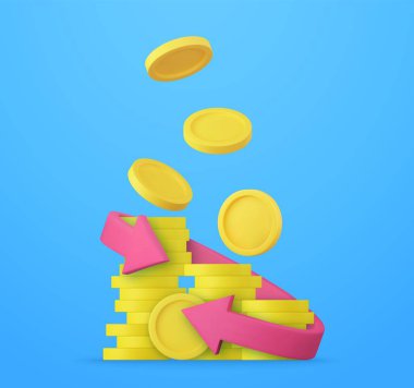 Yüzen üç boyutlu madeni paralar ve oklar. Nakit para kazan ve online alışverişe geri dön. Para iadesi ve dijital ödeme kavramı. 3D görüntüleme. Vektör illüstrasyonu