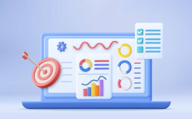 3d Finansal Rapor Çizelgesi, Veri Analizi ve Web Geliştirme Konsepti. İş stratejisi. İniş sayfası şablonu. İş analizi, içerik stratejisi. 3D görüntüleme. Vektör illüstrasyonu