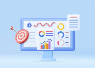 3d Finansal Rapor Çizelgesi, Veri Analizi ve Web Geliştirme Konsepti. İş stratejisi. İniş sayfası şablonu. İş analizi, içerik stratejisi. 3D görüntüleme. Vektör illüstrasyonu