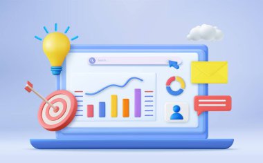 3d Finansal Rapor Çizelgesi, Veri Analizi ve Web Geliştirme Konsepti. İş stratejisi. İniş sayfası şablonu. İş analizi, içerik stratejisi. 3D görüntüleme. Vektör illüstrasyonu