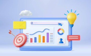 3d Finansal Rapor Çizelgesi, Veri Analizi ve Web Geliştirme Konsepti. İş stratejisi. İniş sayfası şablonu. İş analizi, içerik stratejisi. 3D görüntüleme. Vektör illüstrasyonu