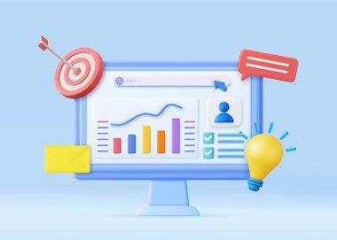 3d Finansal Rapor Çizelgesi, Veri Analizi ve Web Geliştirme Konsepti. İş stratejisi. İniş sayfası şablonu. İş analizi, içerik stratejisi. 3D görüntüleme. Vektör illüstrasyonu